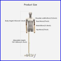 Luxury Grey Linen Men Display Mannequin with Short thigh, bamboo linen men half body fabric clothing display rack, men suit dress form arm