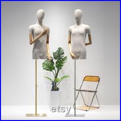 Luxury Grey Linen Men Display Mannequin with Short thigh, bamboo linen men half body fabric clothing display rack, men suit dress form arm