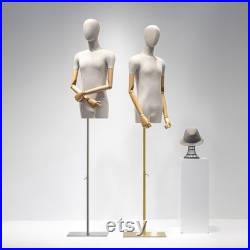 Luxury Grey Linen Men Display Mannequin with Short thigh, bamboo linen men half body fabric clothing display rack, men suit dress form arm