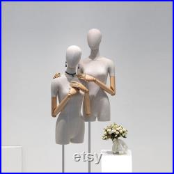 Luxury Grey Linen Men Display Mannequin with Short thigh, bamboo linen men half body fabric clothing display rack, men suit dress form arm