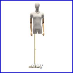 Luxury Grey Linen Men Display Mannequin with Short thigh, bamboo linen men half body fabric clothing display rack, men suit dress form arm