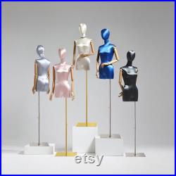 Luxury Half Body Female Display Dress Form,Adjustable Satin Fabric Mannequin Torso,Fashion Wooden Mannequin Hand,Manikin Head For Wigs