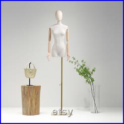 Luxury Half Body Female Mannequin,Adjustable Height Fabric Woman Display Dress Form,New Props with Water Transfer Wood Grain Head,Earring.