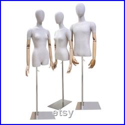 Luxury Half Full Body Female Male Display Mannequin Torso,Grey Linen Fabric Mannequin Bust Model, Wooden Arm Manikin Head Display Dress Form