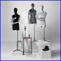 Luxury Male Half Body Display Dress Form ,Velvet Fabric Mannequin Torso With Silver Gold Hands , Jewelry Wig Clothes Display Mannequin Stand