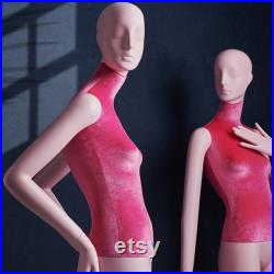 Luxury Pink Full Body Female Display Dress Form,Standing Velvet Fabric Mannequin Torso,Manikin Head for Wigs,Clothing Display Stand Holder
