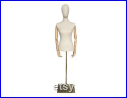 M L Size Adjustable Gold Base Wooden Arms Natural Linen Female Mannequin Dress Fomr Faye