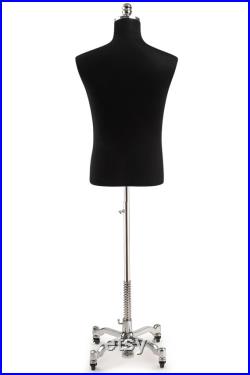 Male Display Dress Form in Black Jersey on Heavy Duty Metal Rolling Base by TSC