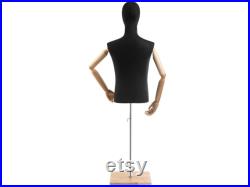 Male Display Dress Form in Black Jersey on Modern Wood Flat Base by TSC (Arms and Head Edition)