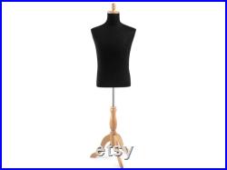 Male Display Dress Form in Black Jersey on Traditional Wood Tripod Base by TSC