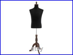 Male Display Dress Form in Black Jersey on Traditional Wood Tripod Base by TSC