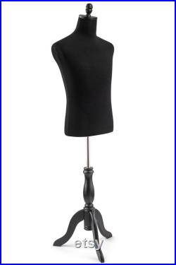 Male Display Dress Form in Black Jersey on Traditional Wood Tripod Base by TSC