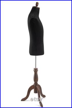 Male Display Dress Form in Black Jersey on Traditional Wood Tripod Base by TSC