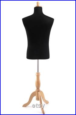 Male Display Dress Form in Black Jersey on Traditional Wood Tripod Base by TSC