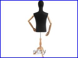 Male Display Dress Form in Black Jersey on Traditional Wood Tripod Base by TSC (Arms and Head Edition)
