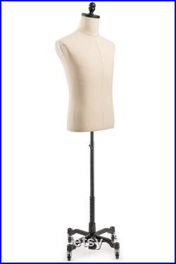 Male Display Dress Form in Natural Canvas on Heavy Duty Metal Rolling Base by TSC