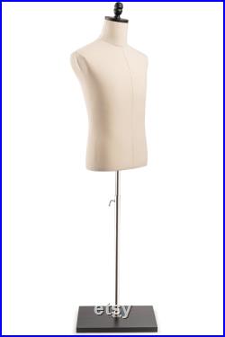 Male Display Dress Form in Natural Canvas on Modern Wood Flat Base by TSC