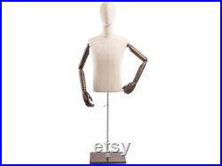 Male Display Dress Form in Natural Canvas on Modern Wood Flat Base by TSC (Arms and Head Edition)