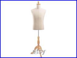 Male Display Dress Form in Natural Canvas on Traditional Wood Tripod Base by TSC