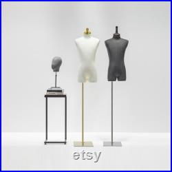 Male Half Body Mannequin,Adult Torso Form with Stand,Men Display Torso with Wooden Arms for Suit Display, Square metal Base, Fabric Torso.