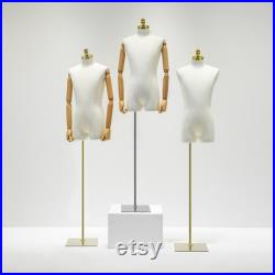 Male Half Body Mannequin,Adult Torso Form with Stand,Men Display Torso with Wooden Arms for Suit Display, Square metal Base, Fabric Torso.