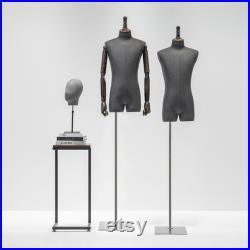 Male Half Body Mannequin,Adult Torso Form with Stand,Men Display Torso with Wooden Arms for Suit Display, Square metal Base, Fabric Torso.