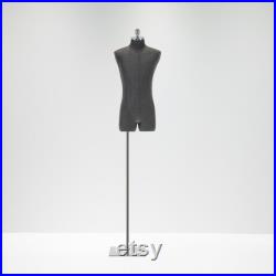 Male Half Body Mannequin,Adult Torso Form with Stand,Men Display Torso with Wooden Arms for Suit Display, Square metal Base, Fabric Torso.