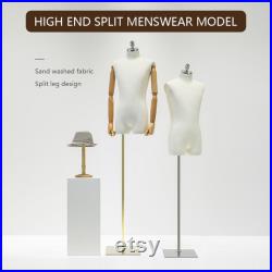 Male Half Body Mannequin,Adult Torso Form with Stand,Men Display Torso with Wooden Arms for Suit Display, Square metal Base, Fabric Torso.