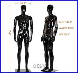 Male Mannequin Full Body with Head and Arm, Color, Shiny Black, metal stand 74 inches tall, plastic, detachable parts