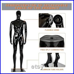 Male Mannequin Full Body with Head and Arm, Color, Shiny Black, metal stand 74 inches tall, plastic, detachable parts