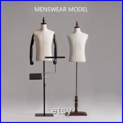 Male half body adjustable height fabric mannequin, window display rack adult men torso dress form for clothes display with Wooden Shoes Rack