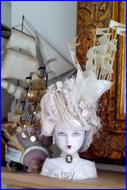 Marie antoinette inspired mannequin head 18th century galleon ship pouf wig roses white handmade prop theatrical costume beautiful dramatic