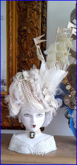 Marie antoinette inspired mannequin head 18th century galleon ship pouf wig roses white handmade prop theatrical costume beautiful dramatic
