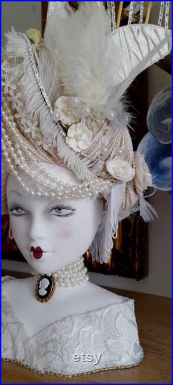 Marie antoinette inspired mannequin head 18th century galleon ship pouf wig roses white handmade prop theatrical costume beautiful dramatic