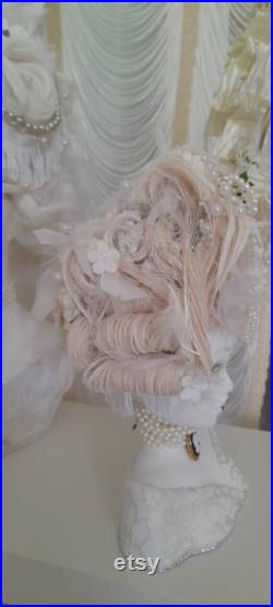 Marie antoinette inspired mannequin head 18th century galleon ship pouf wig roses white handmade prop theatrical costume beautiful dramatic