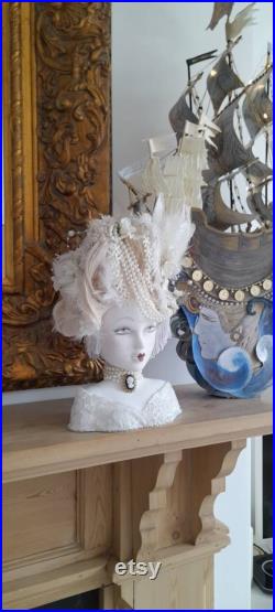 Marie antoinette inspired mannequin head 18th century galleon ship pouf wig roses white handmade prop theatrical costume beautiful dramatic