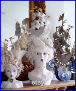 Marie antoinette inspired mannequin head 18th century galleon ship pouf wig roses white handmade prop theatrical costume beautiful dramatic