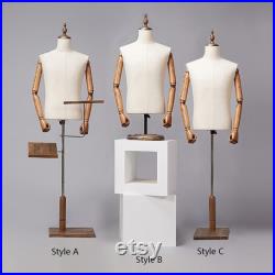 Men Fabric Mannequin Torso,Half Body Dress Form For Clothing Store Display,Maniquin Body Dummy Prop,Adult Male Model with Wooden Base