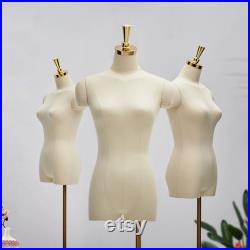 Natural Beige Female Half Body Mannequin With Adjustable Gold Square Base and Wooden Arms,Golden Head Cover Female Mannequin Dress Form