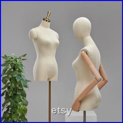 Natural Beige Female Half Body Mannequin With Adjustable Gold Square Base and Wooden Arms,Golden Head Cover Female Mannequin Dress Form