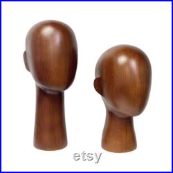 New Vintage Brown Wooden Head Mannequin, Solid Wood Hand Head Dress Form With Ear, Hat Wig Display Wood Mannequin ModelWiden Base, 32 37CM