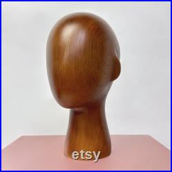 New Vintage Brown Wooden Head Mannequin, Solid Wood Hand Head Dress Form With Ear, Hat Wig Display Wood Mannequin ModelWiden Base, 32 37CM