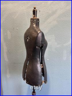 Old Vintage French Stockman Adjustable Tailors Mannequin on Wooden Tripod Base Black Leather