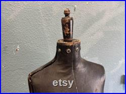 Old Vintage French Stockman Adjustable Tailors Mannequin on Wooden Tripod Base Black Leather