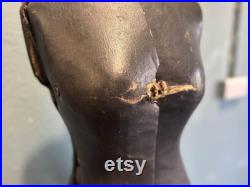 Old Vintage French Stockman Adjustable Tailors Mannequin on Wooden Tripod Base Black Leather