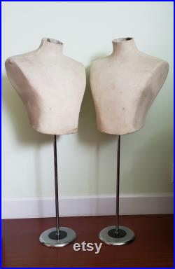 Pair of Vintage Mannequins Two 2 Matching Dress Forms Adjustable Height with Stand French Style Display Bust Torso Body Male Man Mens