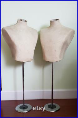 Pair of Vintage Mannequins Two 2 Matching Dress Forms Adjustable Height with Stand French Style Display Bust Torso Body Male Man Mens