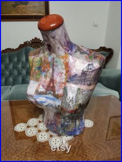 Paris Art Pictures Mannequin -Paper Mache Torso- Vintage Inspired- French Inspired- Jewelry Display- Necklace Holder- Shop Display
