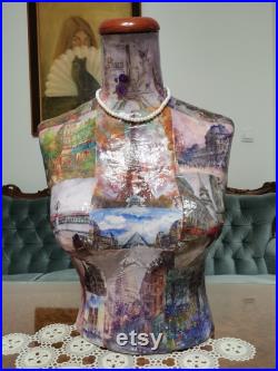 Paris Art Pictures Mannequin -Paper Mache Torso- Vintage Inspired- French Inspired- Jewelry Display- Necklace Holder- Shop Display