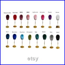 Personalized 99 colors economy adjustable gold base colored velvet female mannequin head Jessy